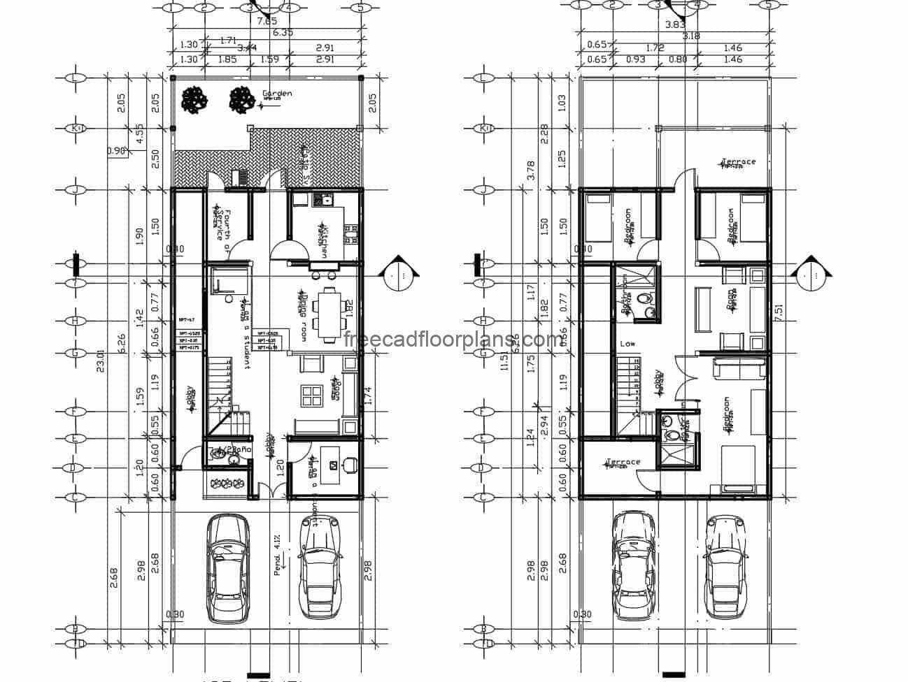 Family residence of two levels for free download, architectural design in DWG plans