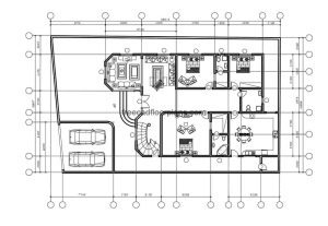 Complete architectural project of family residence of two levels in Autocad format, in the first level the distribution of space has garage for two vehicles, living room, family room, kitchen, dining room, three bedrooms and three bathrooms, the second level has two family rooms, two kitchenette, and four more rooms.