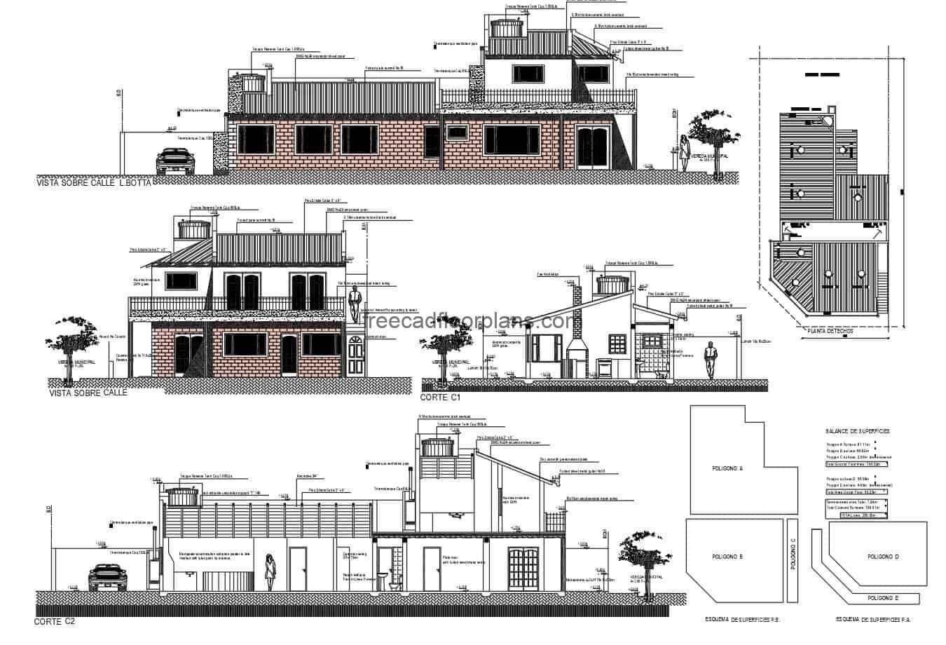 Building drawn in autocad of house with commercial premises of two levels, file for free download, architectural plans, sizing, elevations and technical construction plans.