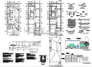 Small house of two bedrooms with double garage, simple but complete floor plan in DWG format, living room, kitchen, dining room, laundry area, and two bathrooms including one in the main room, the complete project has an architectural plan, dimensioned, and details of foundation and sanitary.