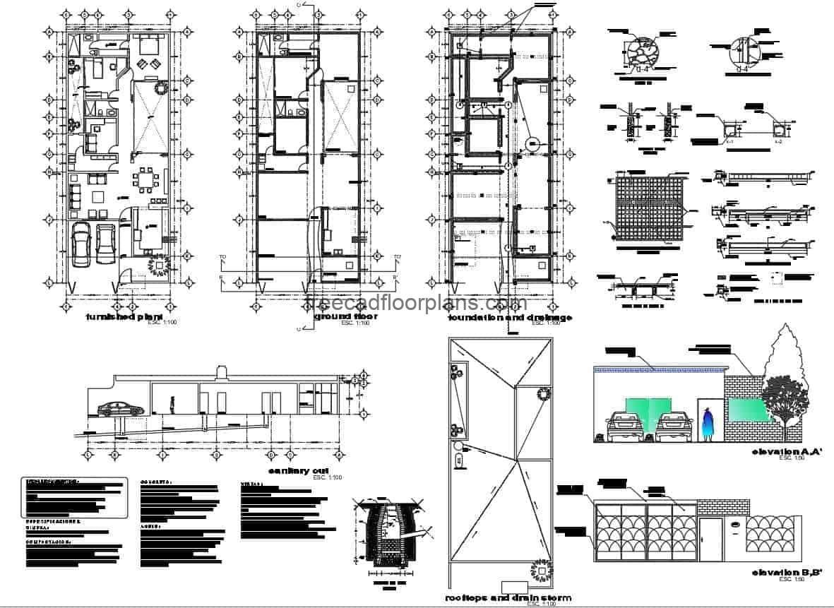 Small house of two bedrooms with double garage, simple but complete floor plan in DWG format, living room, kitchen, dining room, laundry area, and two bathrooms including one in the main room, the complete project has an architectural plan, dimensioned, and details of foundation and sanitary.