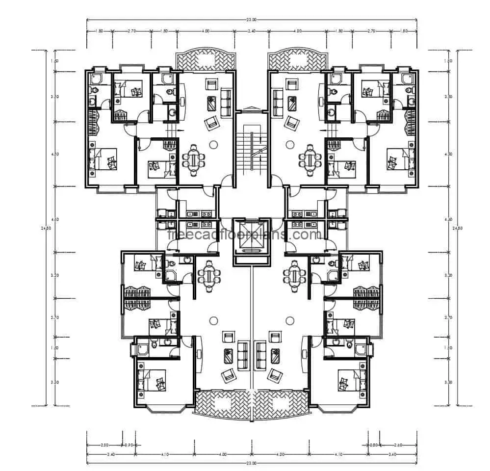 DWG archive of residential building, four apartments joined in one block, architectural distribution of living and dining room, kitchen and laundry area and three bedrooms in private area. The plan contains the architectural distribution and dimensioned plant.