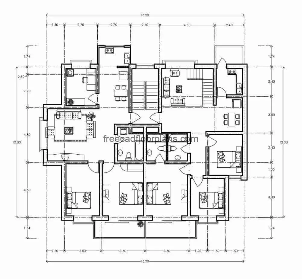 Architectural and dimensioned plan of residential building in autocad format for free download, the building is distributed in two different blocks with the following internal spaces: living room, kitchen, dining room, two bedrooms with shared bathroom, study room and front terrace, the second block of buildings has three bedrooms, master bedroom with separate bathroom.
