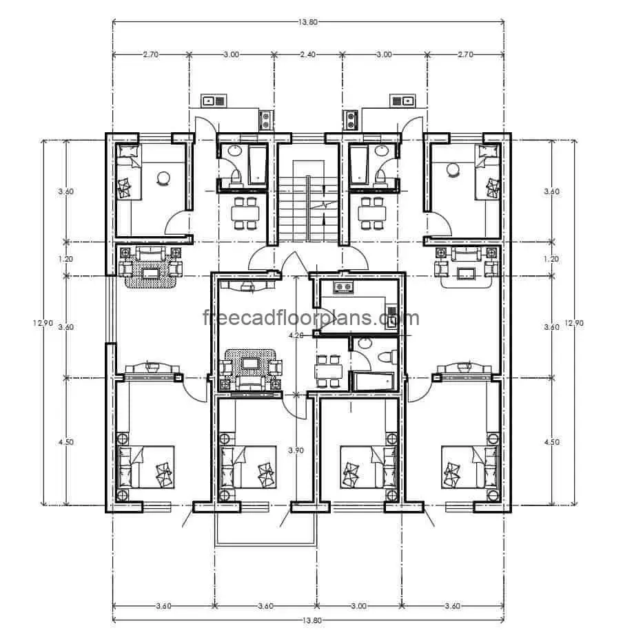 Architectural and dimensioned plan of residential project, three apartments of basic dimensions by level, distribution of simple spaces of room, kitchen, dining room, two simple rooms and area of washing.