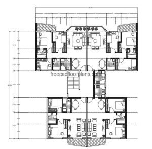 Architectural and dimensional plan of residential building divided into two blocks four apartments per level, drawing in DWG format for free download