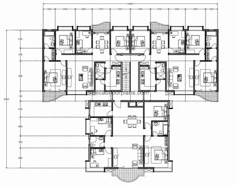 Architectural and dimensional drawings file in DWG format of residential building, four apartments per block, building defined with blocks and DWG furniture, the structure of the building is formed by two blocks