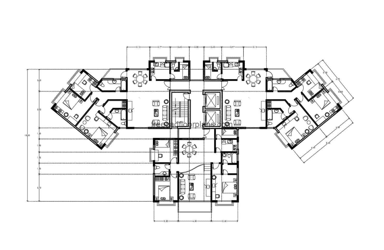 Architectural project for free download of housing complex, dimensioned and architectural plan, plans drawn in Autocad DWG format