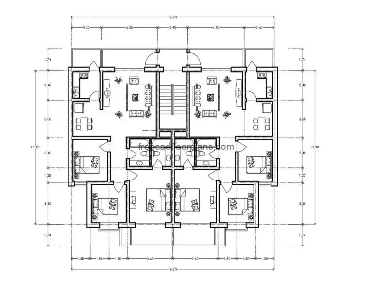 Residential apartment with main entrance from the back, file for free download, architectural plan and dimensioning in DWG format