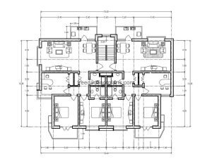 Architectural project of residential building in autocad, the building has symmetrical plant distributed in two buildings, distribution of space, living room, kitchen, dining room, and private area with three rooms, or two rooms and office of study, architectural and dimensioned plant.