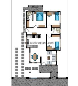 Project of house in a level of simple construction and comfortable distribution, the plane is distributed in simple plant with room, cooks, dining room and three rooms with a shared bath, in the back part an area of washing, house of low cost of construction.
