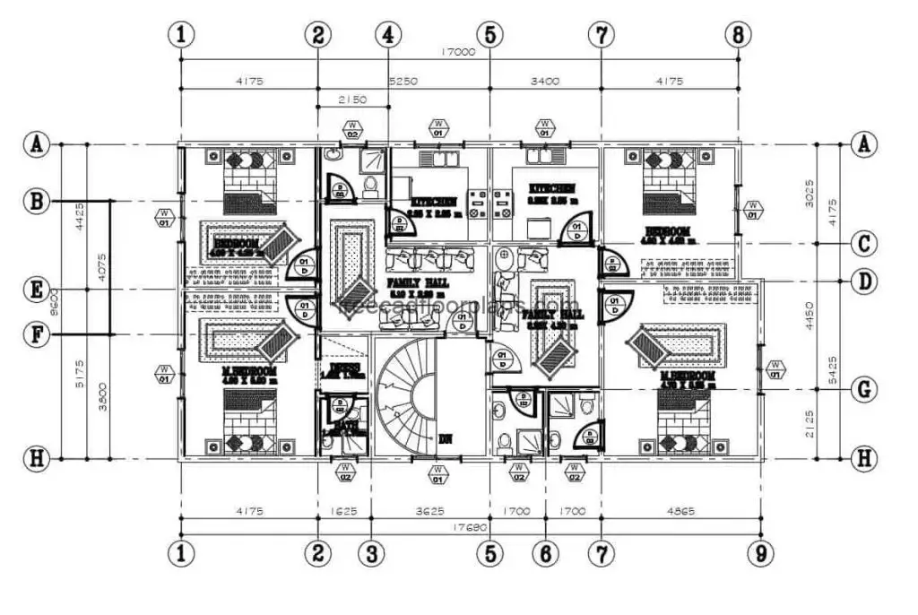 Complete architectural project of family residence of two levels in Autocad format, in the first level the distribution of space has garage for two vehicles, living room, family room, kitchen, dining room, three bedrooms and three bathrooms, the second level has two family rooms, two kitchenette, and four more rooms.