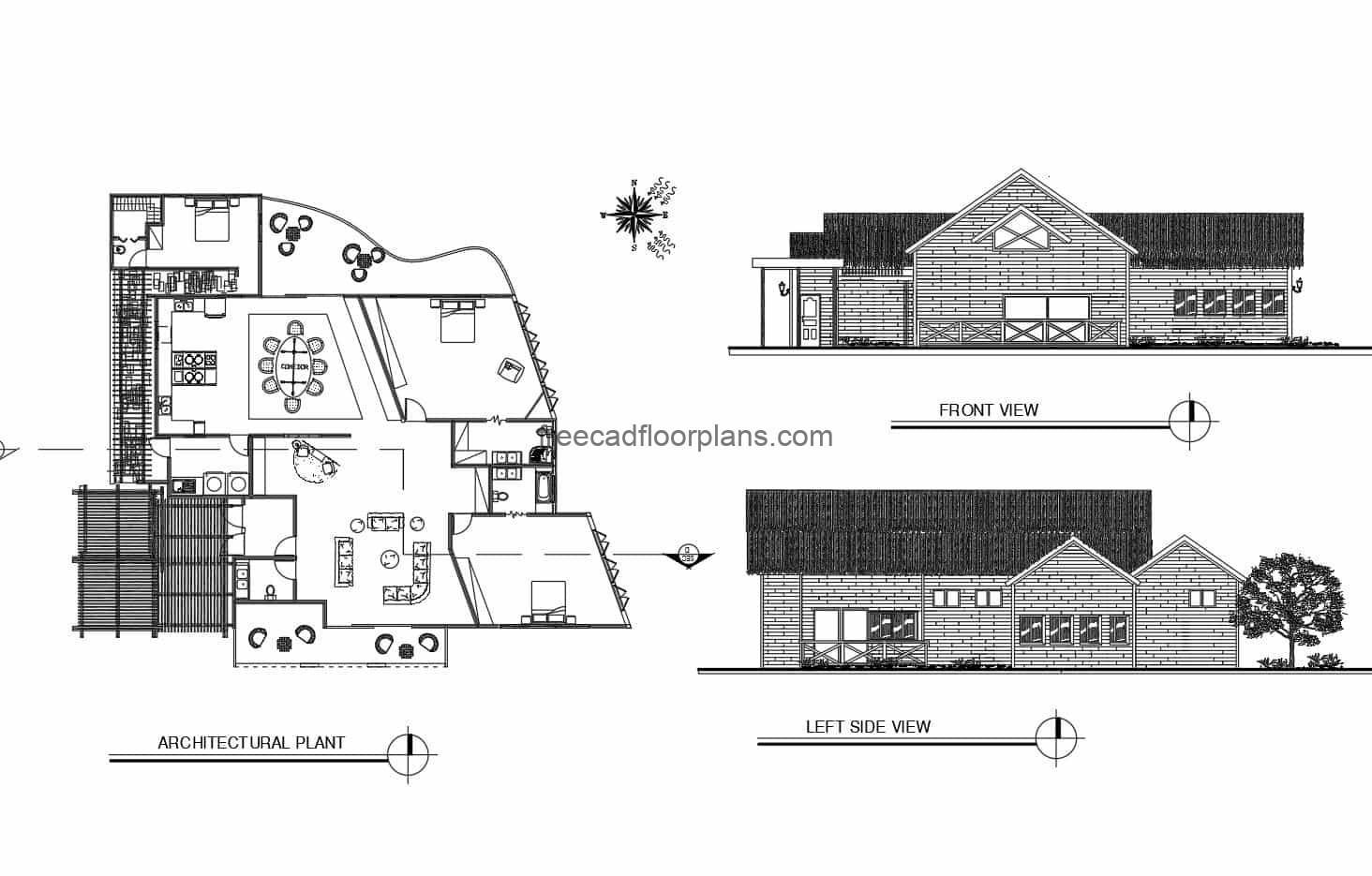 One-level country house plan for free download in DWG format of autocad, architectural plan, dimensions and elevations.