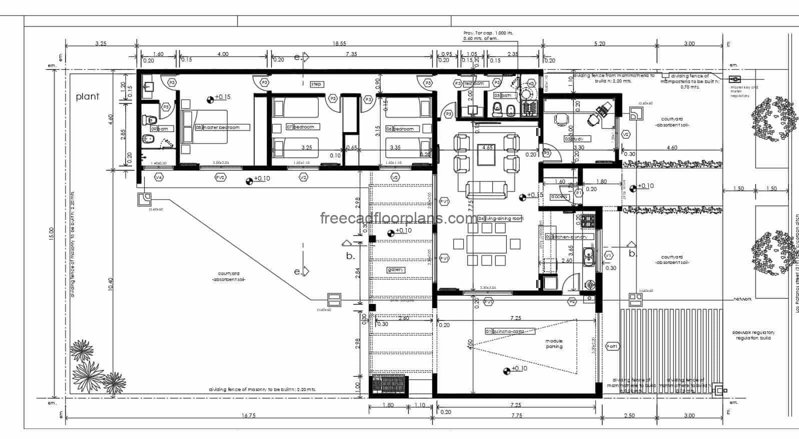 autocad drawing file for free download, one level house with three bedrooms