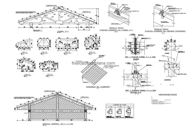 Autocad plan for free download of construction details of wooden roof