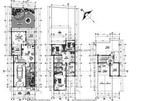 DWG Architectural and dimensional drawings of a two-storey house with roof for free download