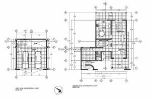 Architectural plant, dimensioned and facade of country house of three levels, plans in autocad for free download