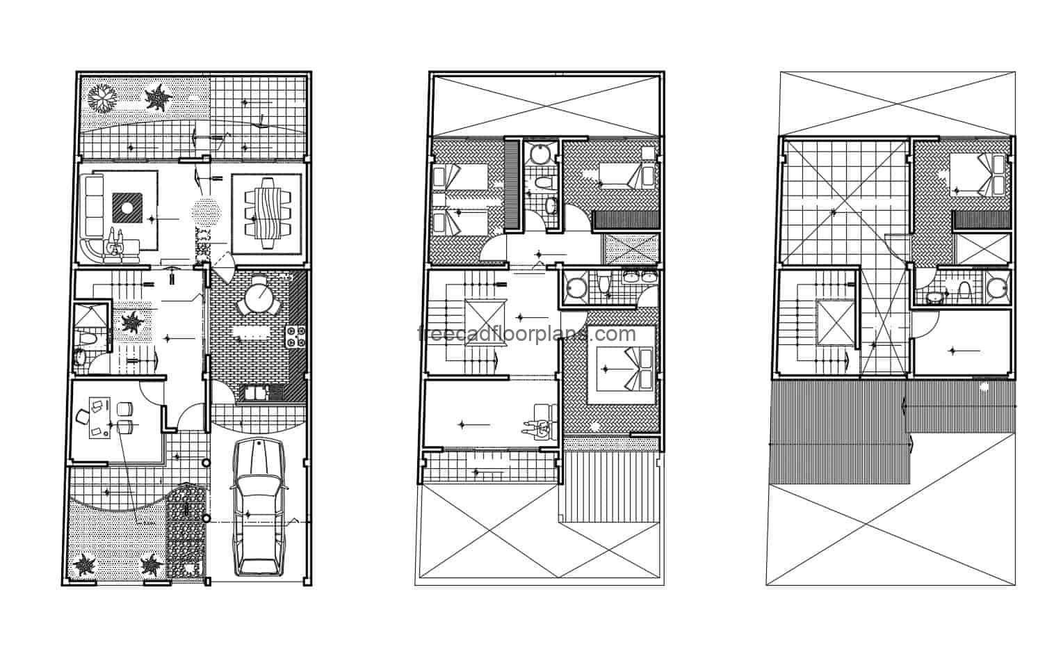 Plan in autocad for free download, three-level house with four rooms