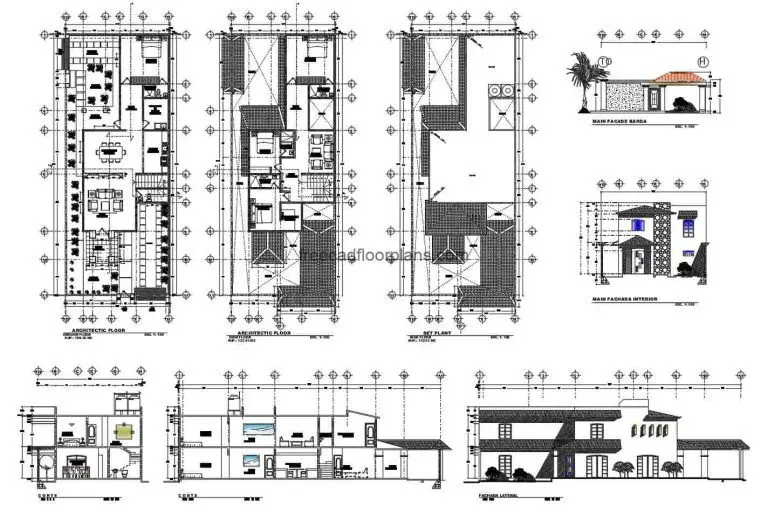 DWG file for free download with drawing and complete plans of a two-level house with four rooms.