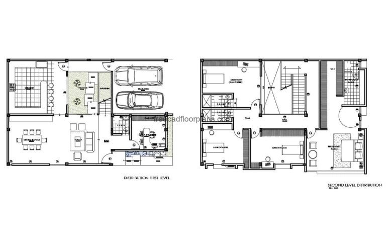 Architectural drawing of a fully furnished floor in Autocad DWG format for free download, two level residence.