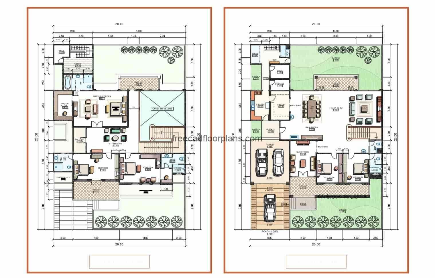 Plans of elegant residence of two levels drawn in autocad, the architectural plant is distributed in two levels for free download