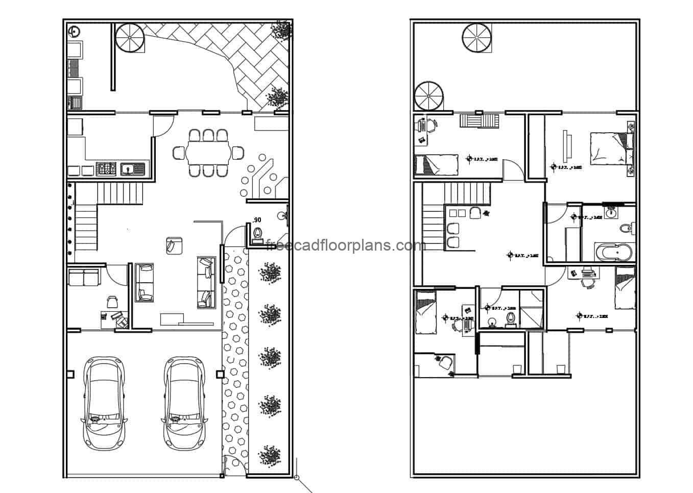 Two-level house plan with rectangular shape, drawing in DWG format with interior blocks, architectural and dimensional plan.