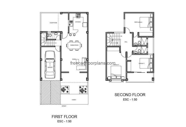Single residence with two levels architectural plans and facades in Autocad DWG format for free download