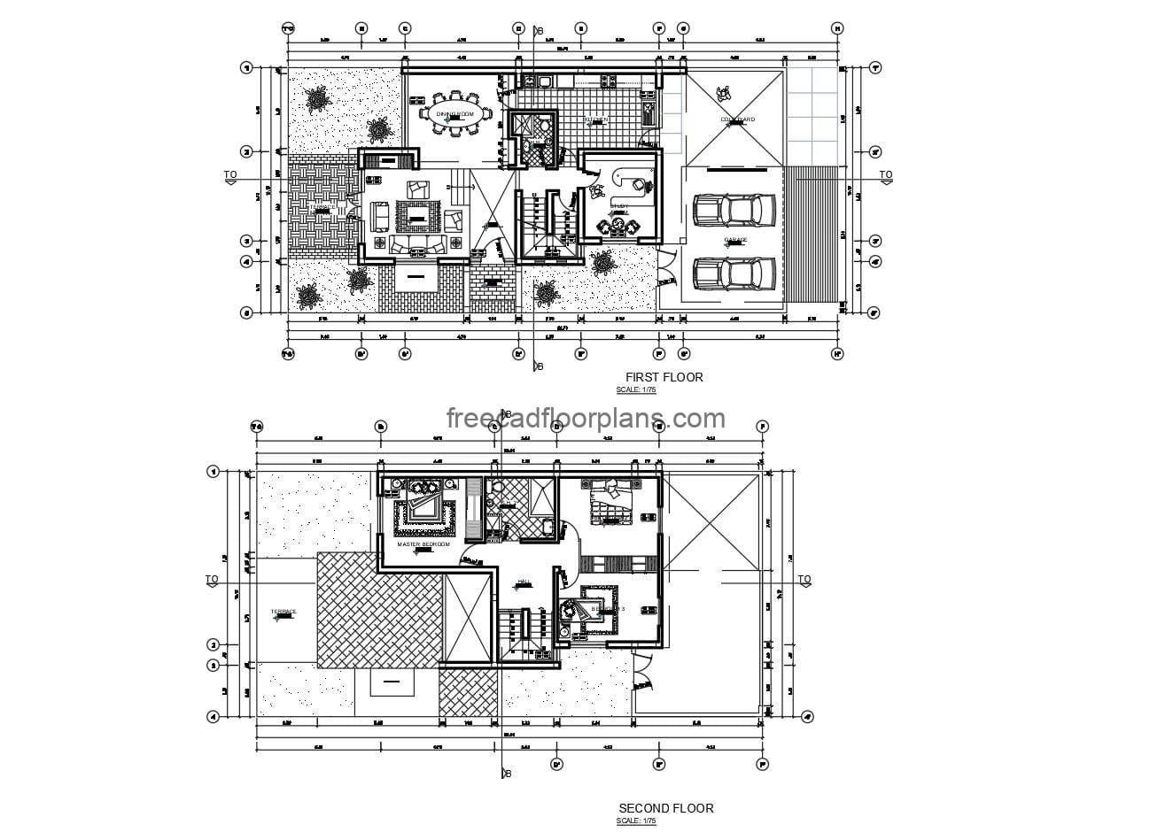 Complete autocad floorplans of a two-storey residence with basement for free download