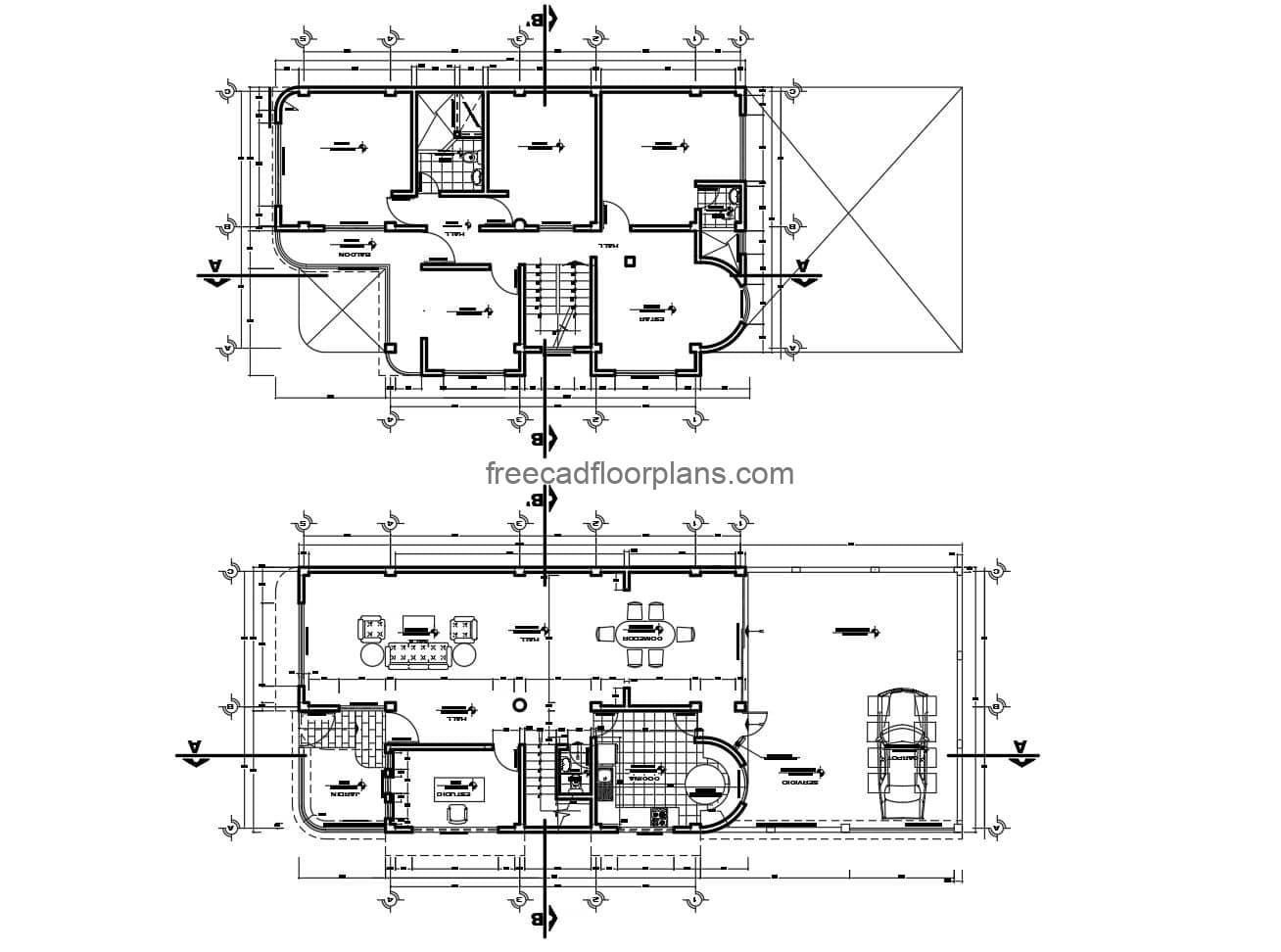 Architectural design and complete plans of two-level residence in autocad for free download.
