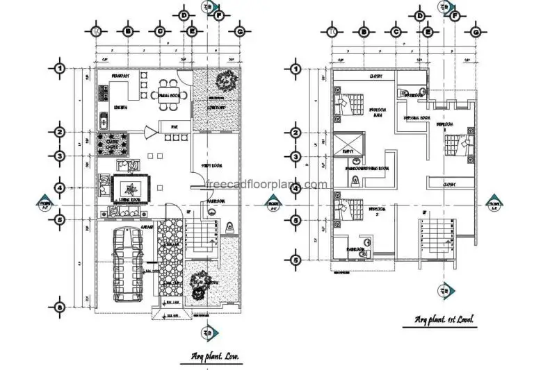 Two-level single residence plans, free to download in Autocad DWG format, three-bedroom residence with private bathrooms