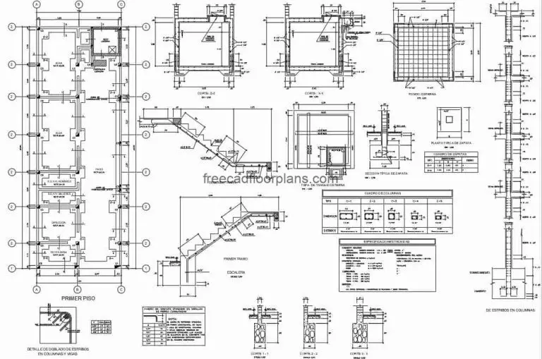 Set of autocad format drawings for free download of foundation with construction details for multi-level building.
