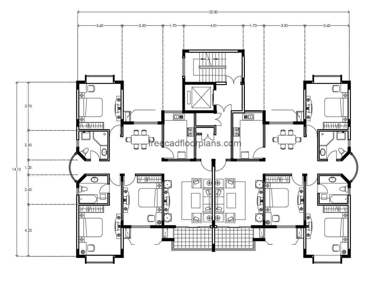 Residential building plan for free download in autocad drawing, architectural plan with autocad blocks and dimensional plan
