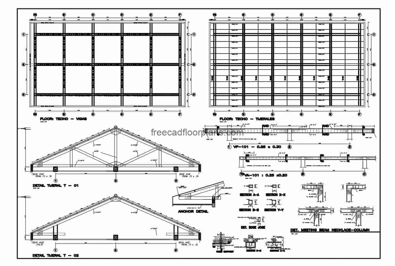 Wood and metal ceiling details, wooden scissors with metal joints, free downloadable autocad drawing with all details.