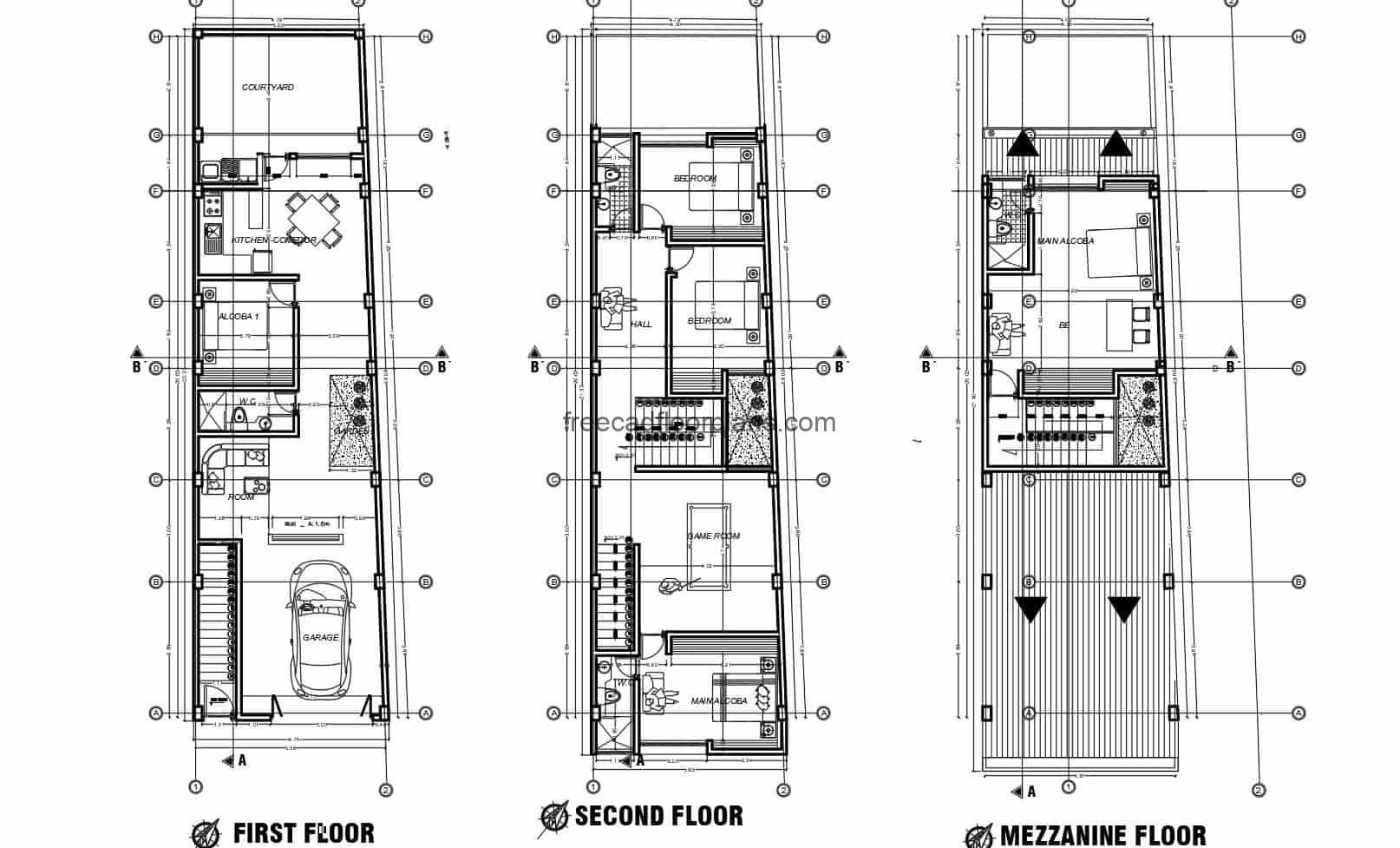 Two-level house with mezzanine, complete architectural plans with dimensions, elevations and sections, foundation plans with details in Autocad DWG format