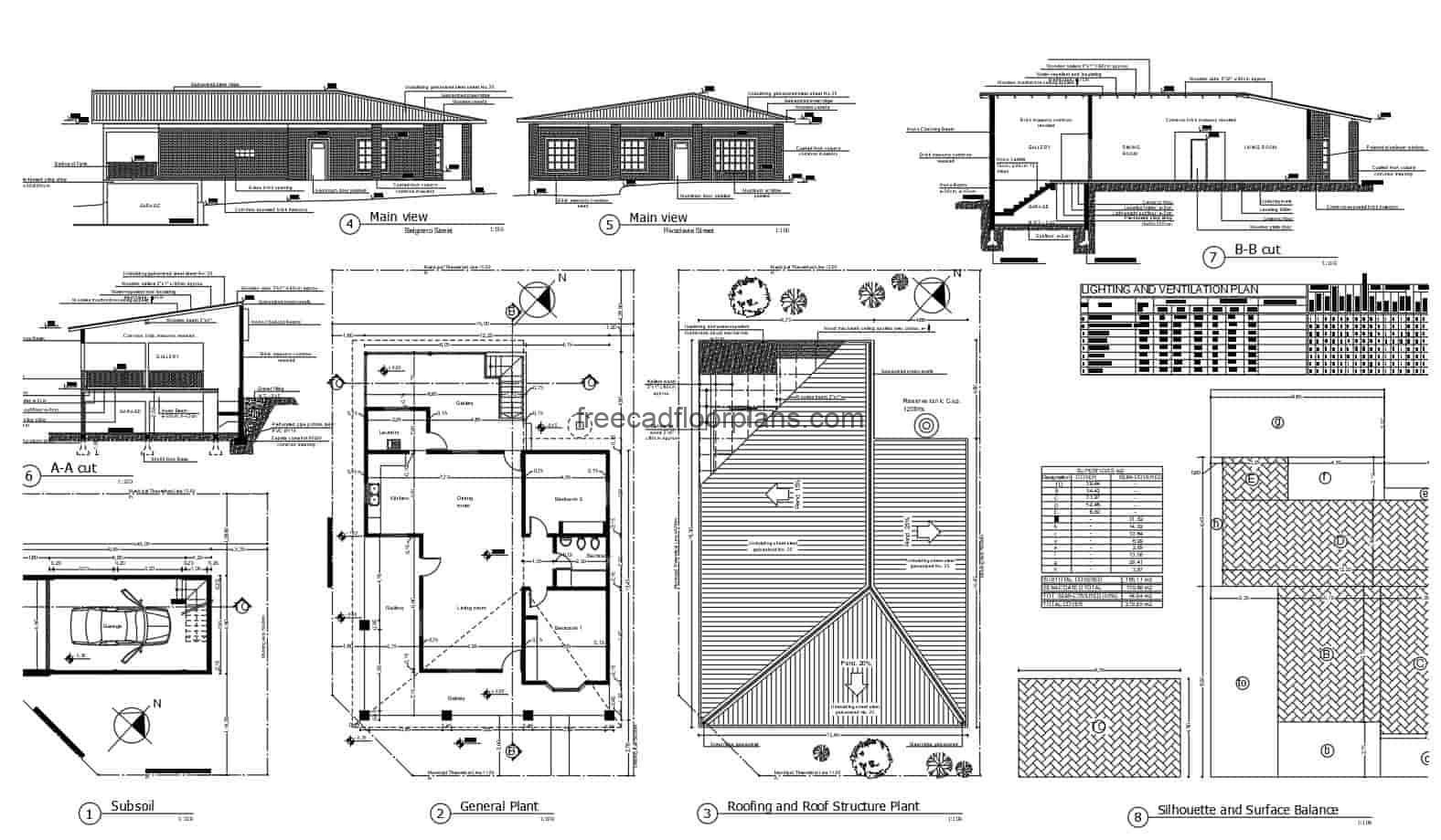 Single-family dwelling with sloping roofs autocad floorplans
