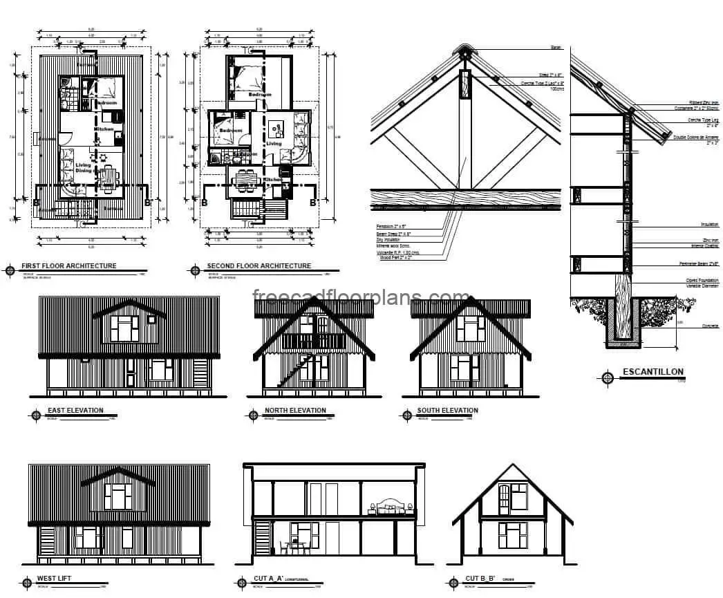 Complete plans of country house of three rooms, elevations, sections, details of foundation and furnished architectural plant, plans for free download in DWG format