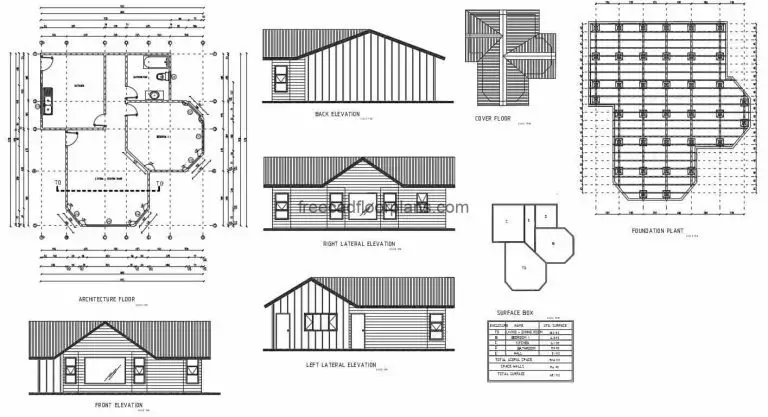 Complete plans in autocad of simple country house, dimensioned plant, architectural, elevations and sections
