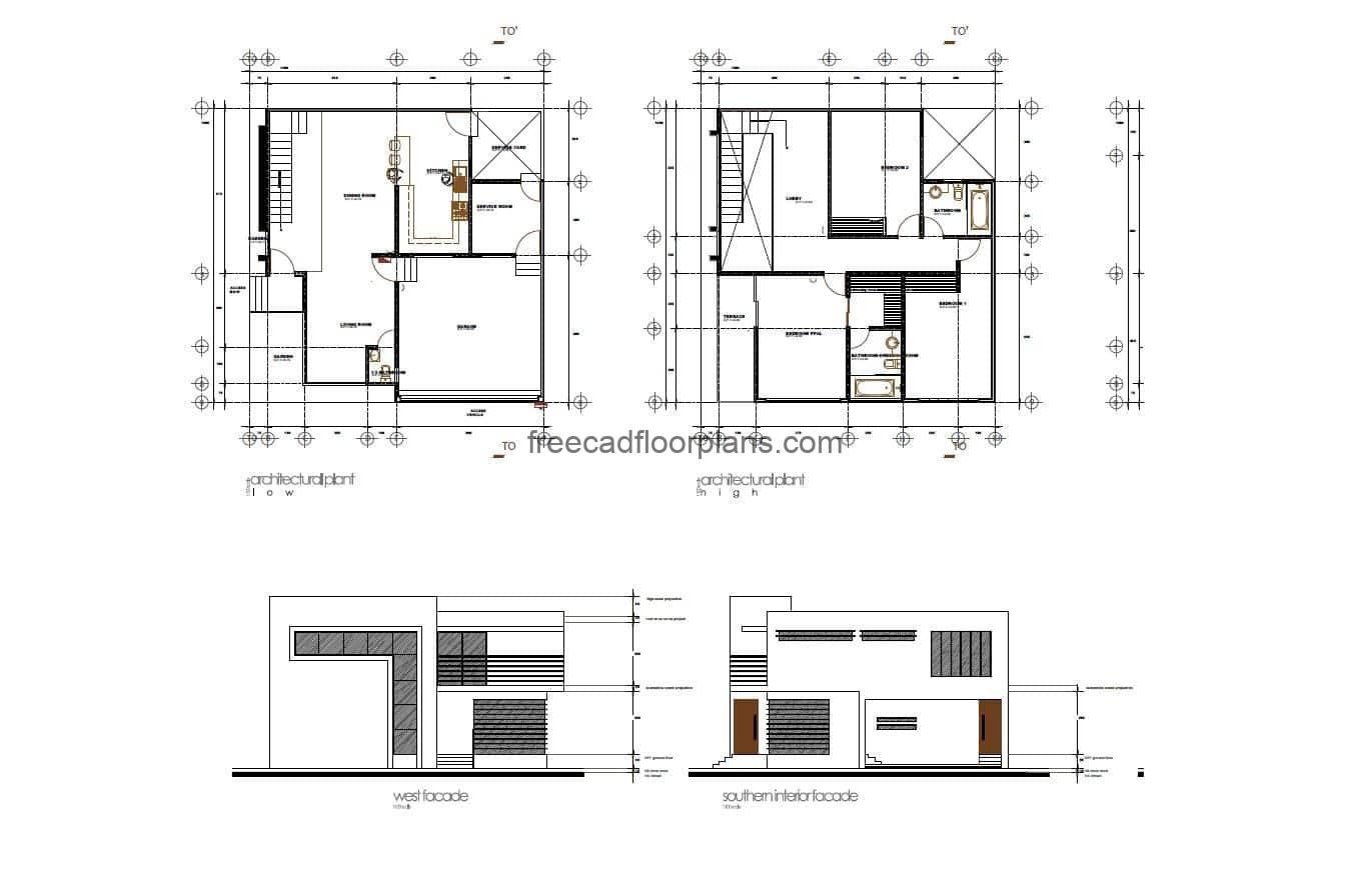 Architectural plans with dimensions and elevations of residence with modern style for free download in autocad DWG format.