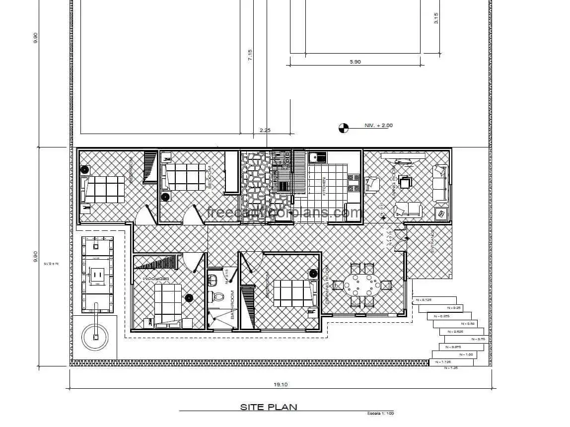 Complete architectural and dimensional plans of a single-family residence for free download in autocad format