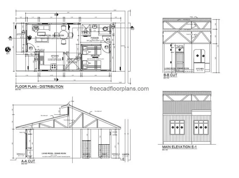 Simple country bungalow of one room, complete plans with details in autocad, plant of architectural and dimensional distribution, structural details and of foundation.