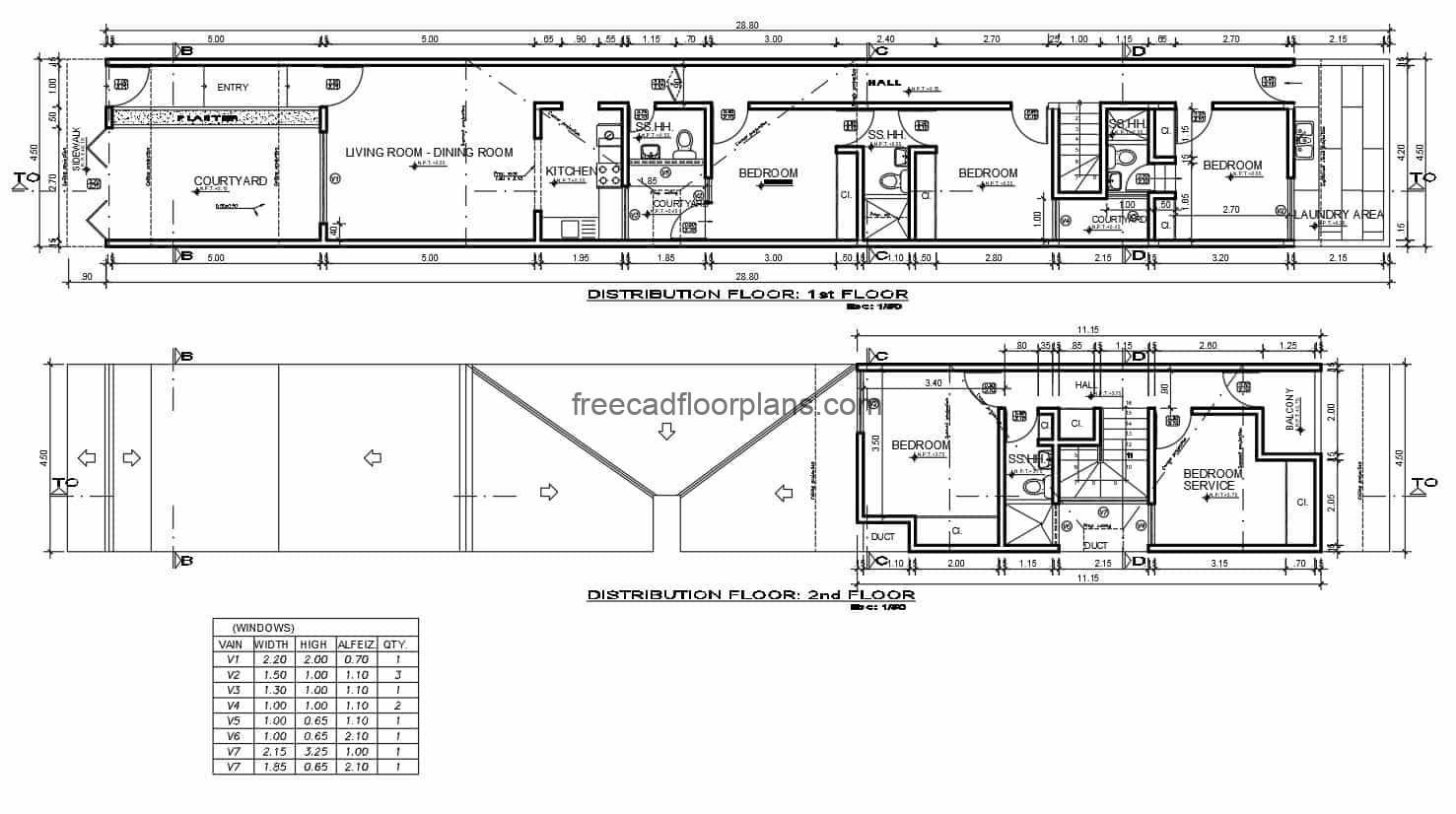 Architectural plans in autocad complete of small elongated house for free download