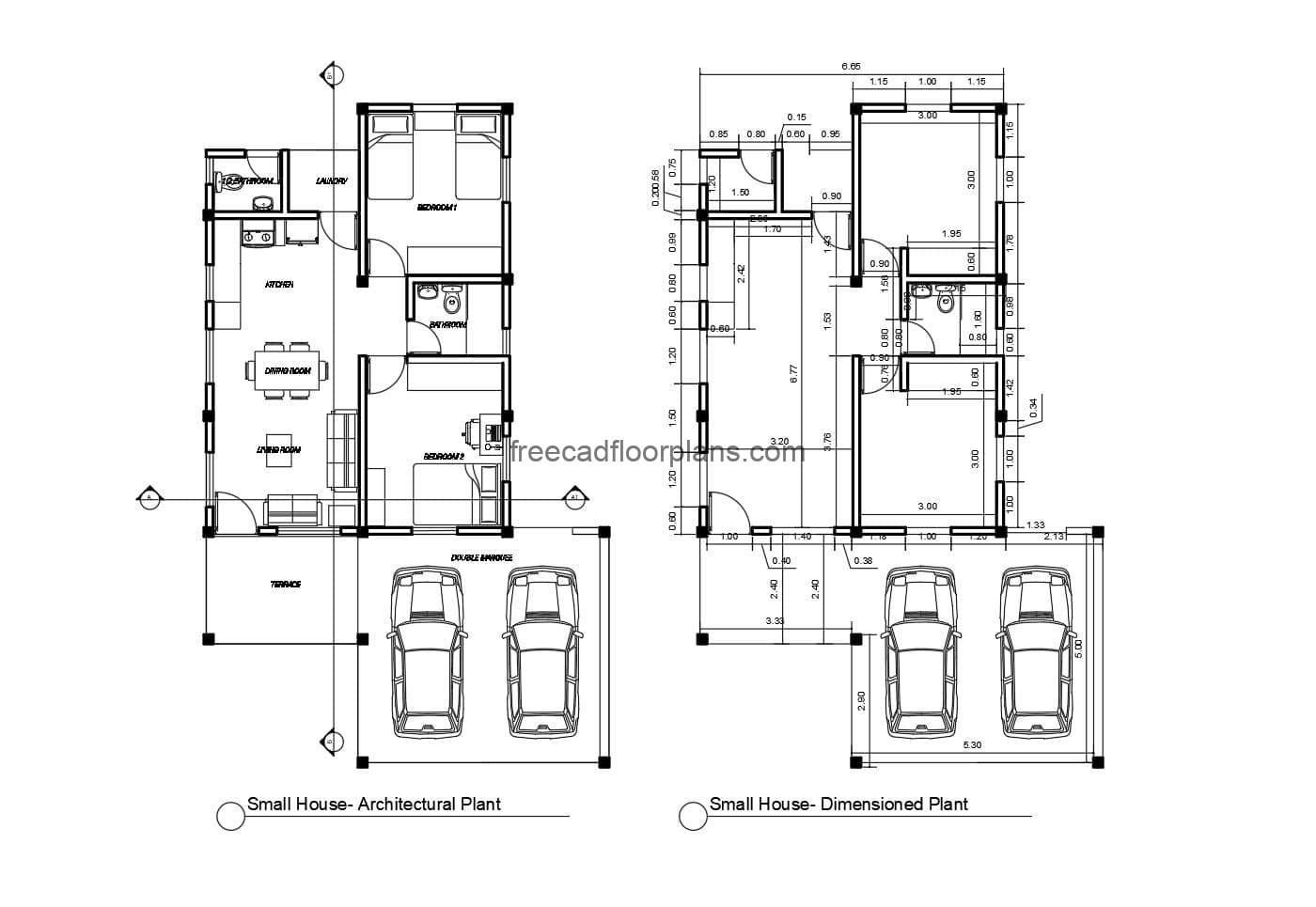 Small rural house of two rooms, complete plans in autocad