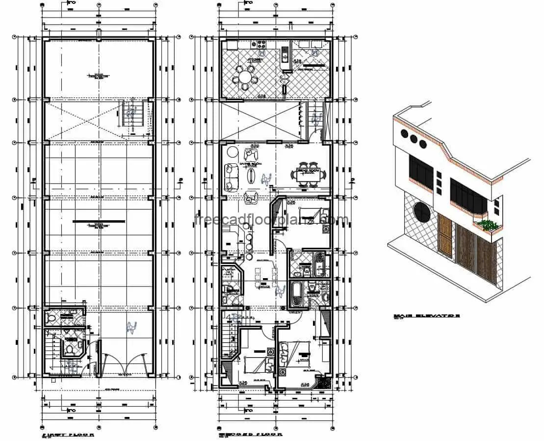 Architectural and dimensional plan in Autocad of a two-level residence for free download