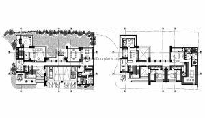Complete project of modern house of two levels, architectural distribution plans with measures, elevations, sections, plans for free download in Autocad DWG format.