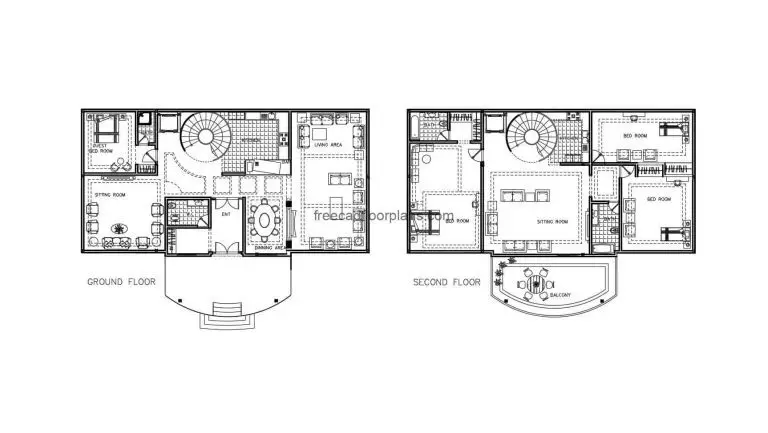 Complete architectural draft in Autocad DWG format of a two-level country house with a curved staircase, plans for free download