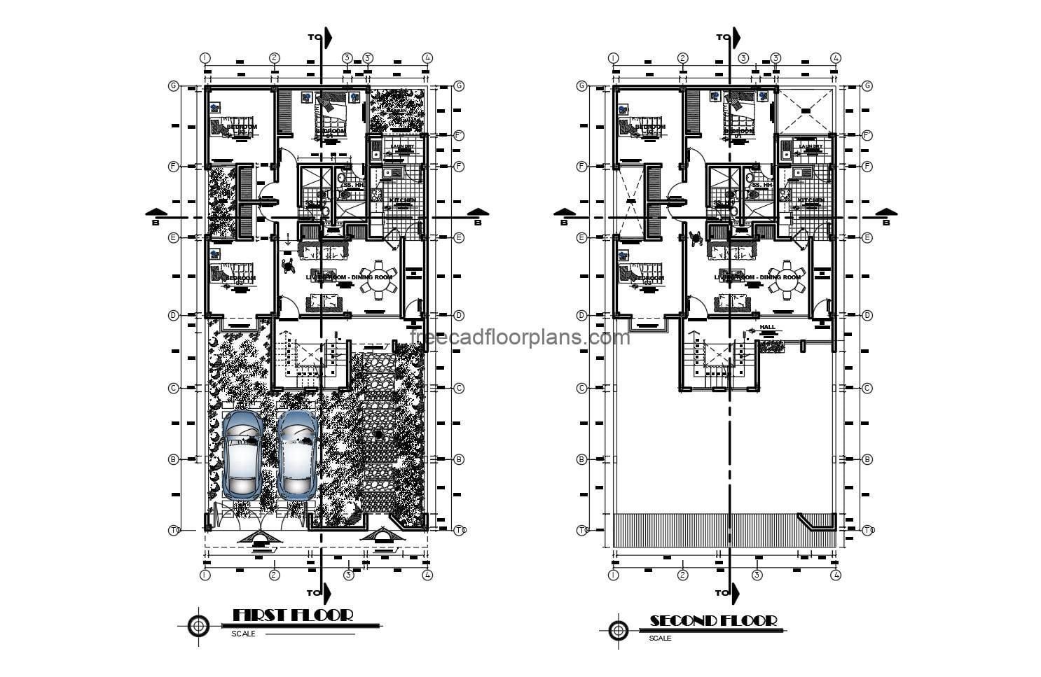 Furnished and sized architectural plans for free download in autocad format.