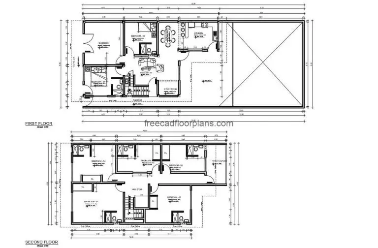 Complete project plan of a two-level residence with seven rooms, foundation plan, electrical, sanitary, dimensioning and architectural, autocad DWG format for free download