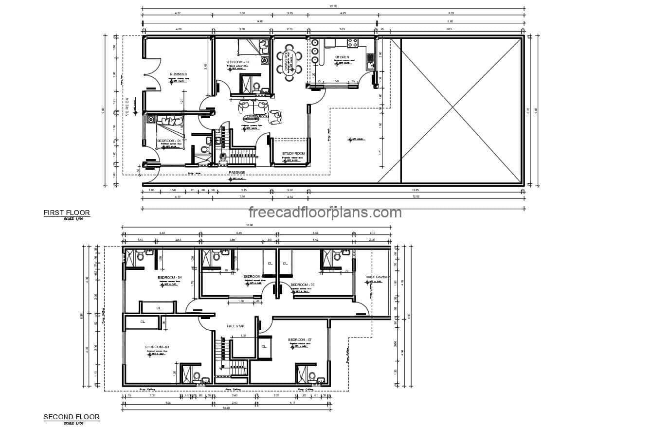 Complete project plan of a two-level residence with seven rooms, foundation plan, electrical, sanitary, dimensioning and architectural, autocad DWG format for free download