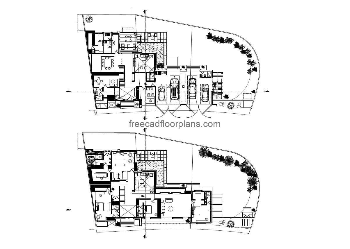 Complete architectural project of plans in autocad for residence of two levels with four rooms, architectural plans, electrical, foundation, sanitary, elevations, complete project for free download.