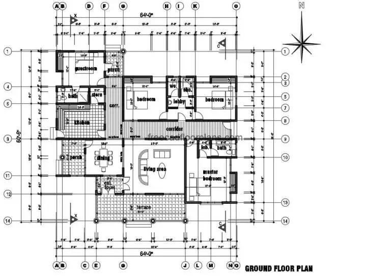 Four Bedroom Country House Autocad Plan, 2609201