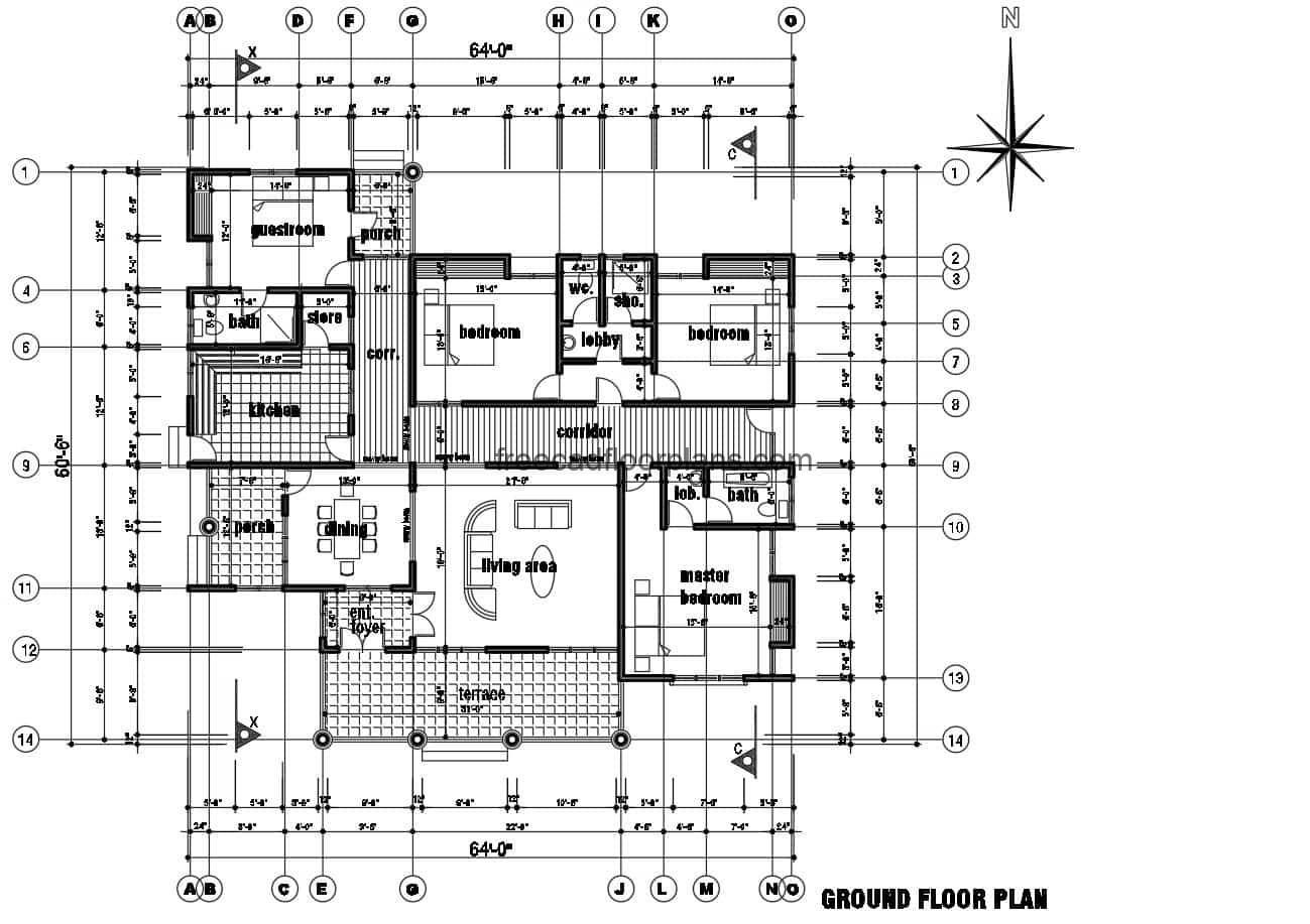 Complete architectural project of plans in autocad format, one level country house with four rooms, for free download.